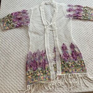 Asha Kimono Women One Size White Mesh Embroidered Fringe Tie Front Boho Layer